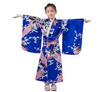 Girls Kimono Japanese Asian Top Dress Robe Sash Belt Fan Set Outfit Traditional Dress Clothes for Kids Girls Costume (Blue, 6-7 Years)