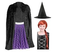 Girls Kind Witch Costume - Black Cape, Purple Polka Dot Skirt, Red Plait Wig, Pointed Witch Hat - Kids Halloween Trick or Treat World Book Day Fancy Dress Costume
