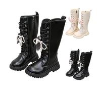Girls Knee High Boots Cute Pearl Bow Y2K Punk Goth Boot with Side Zipper Kids Winter Warm Lace up Riding Boots Casual Fashion Round Toe Dance Shoes for Christmas Festival (Black-A, 11 Little Child)