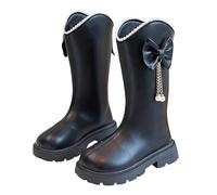 Girls Knee High Boots Faux Leather Princess Boots with Pearl Trim, Bow Knot & Chain Tassel, Chunky Sole Fashion Long Riding Boots for Girls School, Party & Daily Wear - UK Sizes Black B