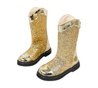 Girls' Knee High Boots Glitter Sequin Combat Boots, Kids Toddler Flat Zip Round Toe School Boots Autumn Winter Shoes Casual Comfort Footwewar Gold Size UK 11