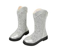Girls' Knee High Boots Glitter Sequin Combat Boots, Kids Toddler Flat Zip Round Toe School Boots Autumn Winter Shoes Casual Comfort Footwewar Silver Size UK 11