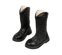 Girls' Knee High Boots Glitter Sequin Combat Boots, Kids Toddler Flat Zip Round Toe School Boots Autumn Winter Shoes Casual Comfort Footwewar Black Size UK 8.5