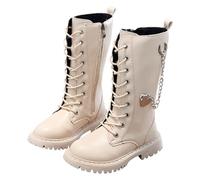 Girls Knee High Boots - Kids Faux Leather Combat Ankle Boots with Chain Heart Charm, Lace Up & Zip Side Design, Comfortable Non - Slip Sole Autumn Winter Boots for Girls, Perfect for School