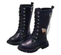 Girls Knee High Boots - Kids Faux Leather Combat Ankle Boots with Chain Heart Charm, Lace Up & Zip Side Design, Comfortable Non - Slip Sole Autumn Winter Boots for Girls, Perfect for School