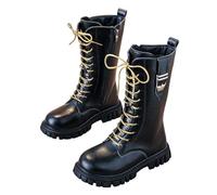 Girls Knee High Boots Kids Lace Up Side Zipper Sweet Steampunk Style Thick Rubber Sole Stitching Faux Leather School Shoes Waterproof Combat Shoes with Gold Laces, for 4-12 Years