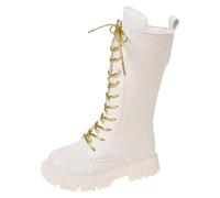 Girls Knee High Boots Kids Lace Up Side Zipper Sweet Steampunk Style Thick Rubber Sole Stitching Faux Leather School Shoes Waterproof Combat Shoes with Gold Laces, for 4-12 Years