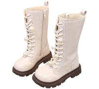 Girls Knee High Boots Patent Leather, Kids Toddler Lace Up Chunky Sole Boots with Pearl Flower Decor & Side Zip, Stylish Long Boots for Girls School, Party, Autumn Winter Outfits
