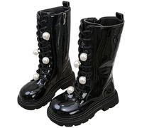 Girls Knee High Boots Patent Leather, Kids Toddler Lace Up Chunky Sole Boots with Pearl Flower Decor & Side Zip, Stylish Long Boots for Girls School, Party, Autumn Winter Outfits
