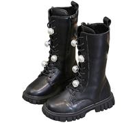 Girls Knee High Boots Patent Leather, Kids Toddler Lace Up Chunky Sole Boots with Pearl Flower Decor & Side Zip, Stylish Long Boots for Girls School, Party, Autumn Winter Outfits