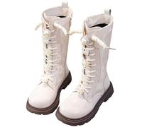 Girls Knee High Boots Patent Leather, Kids Toddler Lace Up Chunky Sole Boots with Pearl Flower Decor & Side Zip, Stylish Long Boots for Girls School, Party, Autumn Winter Outfits