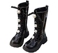 Girls Knee High Boots Patent Leather, Kids Toddler Lace Up Chunky Sole Boots with Pearl Flower Decor & Side Zip, Stylish Long Boots for Girls School, Party, Autumn Winter Outfits