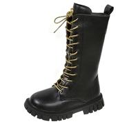 Girls Knee-High Boots with Gold Laces Girls Lace Up Riding White Boots with Side Zippers Mid Calf PU Leather Waterproof School Shoes Punk Goth Boot Cowgirl, for 4-43 Years