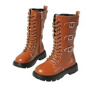 Girls Knee High Boots with Side Zipper Kids Mid Calf Combat Riding Boots Lace Up Boot Non Slip Waterproof Leather Belted Bow Punk Goth Boot Fall Winter Fashion School Shoes (A0a10-Brown, 2.5)