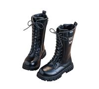 Girls Knee-High Boots with Side Zippers Buckles, Girls Mid-Calf Lace Up Boots Casual Comfort Round Toe School Shoes Non-Slip Combat Boot Cold Weather Black Size UK 1.5