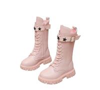 Girls Knee-High Boots with Side Zippers Lace Up Warm Lined School Shoes Walking Bootie for Kids Autumn and Winter Belt Buckle Mid Calf PU Leather School Shoes Punk Boot (a-Red, 13 Little Child)