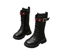 Girls Knee-High Boots with Side Zippers Lace Up Warm Lined School Shoes Walking Bootie for Kids Autumn and Winter Belt Buckle Mid Calf PU Leather School Shoes Punk Boot (a-Black, 1.5 Big Kids)