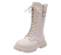 Girls Knee-High Boots with Side Zippers Lace Up Warm Pllush Lined School Shoes Walking Bootie for Kids Autumn and Winter Waterprroof Non Slip Easy to Put On Long Boot 4-12 Years (White, 3 UK)