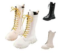 Girls Knee-High Boots with Side Zippers Lace up Warm Plush Lined School Shoes Casual Boot Side Punk Goth Boot Round Toe Lug Sole Chunky Heels Waterproof Shoes Girls Goth Boots（with Two Shoelace ）