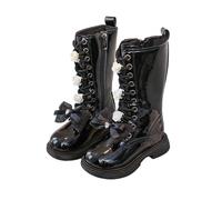 Girls Knee-High Boots with Side Zippers PU Leather Riding Boots with Bowknot Rhinestones Mid Calf Ankle Booties Fashion Casual Comfortable Waterproof Boot 4-11 Years