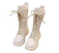Girls Knee-High Boots with Side Zippers School Shoes Walking Bootie for Kids Lace Up Riding White Boots Easy to Put On Long Boot Mid Calf PU Punk Boot Cowboy Bootie (X-2-White, 10.5 Little Child)