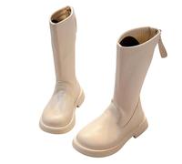 Girls Knee High Combat Boots, Kids Round Toe Side Zipper Mid-Calf Booties Riding Boots Autumn Winter School Shoes Comfort Footwear Outfits Beige Size UK 1