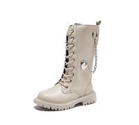 Girls Knee-High Lace Up Riding Boots with Side Zippers Fashion Mid Calf Combat PU Leather Waterproof Boots Soft and Comfort School Shoes for Kids Punk Goth Boot (D01-Beige, 11 Little Kids)
