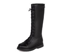 Girls Knee-High Lace Up Riding Boots with Side Zippers, Fashion, Thick Sole, Non-Slip Kids Mid Calf Leather Combat Cowgirl Boots Waterproof School Shoes, for 4-14 Years (2-Black, 10.5 Little Child)