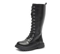 Girls Knee High Leather Boots with Side Zipper Round Toe Lace Up White Combat Boots with Low Heel Lug Sole for Little and Big Kids