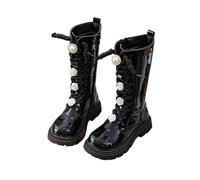 Girls Knee High Riding Boots, Autumn Winter Round Toe Combat Boots Lug Sole School Princess Shoes Warm Chunky Heels with Pearl Outdoor Footwear Black Size UK 1
