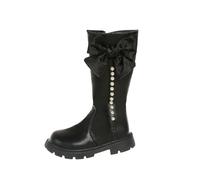 Girl'S Knee-High Riding Boots, Kids Soft Faux Leather School Shoots Side Zipper Warm Combat Boot Round Toe Lug Sole Chunky Heels Shoes Waterproof Black Size UK 11