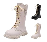 Girl's Knee-High Riding Boots Mid Calf Combat Boots PU Leather Side Zipper Punk Goth Boot Side Punk Goth Boot Round Toe Chunky Heels Shoes Waterproof for Girls 4-11 Years (White, 1 Big Kids)