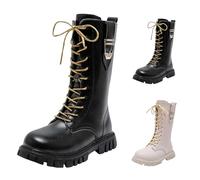 Girl's Knee-High Riding Boots Mid Calf Combat Boots PU Leather Side Zipper Punk Goth Boot Side Punk Goth Boot Round Toe Chunky Heels Shoes Waterproof for Girls 4-11 Years (Black, 10 Little Child)