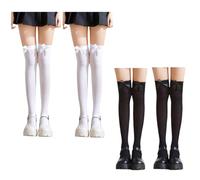 Girls Knee High Socks, 4 Pairs Cute Bow Black White School Socks, High School Socks Plain Socks with Bow, Thigh High Socks Long Socks Knee High Socks Calf-Length Nylon Socks for Uniform Party Wear