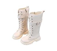 Girls' Knee High Zip Riding Boots - Kids Flat Chunky Heel Lace-Up Winter Shoes with Buckles Lug Sole Side Zip School Boots Non-Slip Waterproof Outdoor Clothing White Size UK 11.5