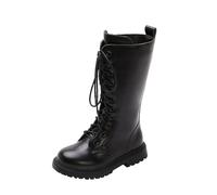 Girls' Knee High Zip Riding Boots, Non-Slip Patent Leather Winter Combat Boots Lace Up Faux Pu School Boot Low Heel Snow Shoes Lightweight Outdoor Outfits Black Size UK 10