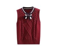 Girls Knit Vest Bow Tie V Neck Sweater Tank Top Knitted Vest School Uniform Sleevelss Fleece Jumper Knitwear Pullover Kinited Sweater (Wine, 3-4 Years)