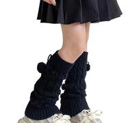 Girls Knitted Jacquard School Sock Sleeves - Kids Mid-Calf Pile Up Stretchy Thermal Socks Winter Warm Thick Knit Children Leg Warmer with Lace Up Pom-Pom