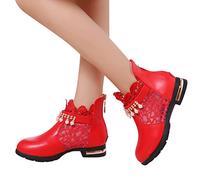 Girls Lace Ankle Boots Patent Leather Chelsea Booties Non-Slip Sole Waterproof Winter Boots for Kids Breathable Pull On Fashion Casual Shoes Red