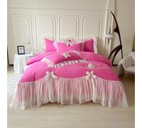 Girls Lace Bedding,Queen Comforter Cover Set, Chic Ruffled Duvet Cover with Lovely Bow,Princess Style 1 Duvet Cover with 2 Pillowcases, No Comforter-Hot Pink,Full Size