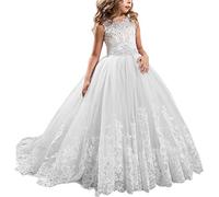Girls Lace Flower Bridesmaid Party Princess Prom Wedding Christening Dress First Holy Communion Wedding Birthday Christmas Formal Sleeveless Trailing Dress Evening Dance Ball Gowns White 2-3 Years