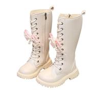 Girls Lace up Boots Vintage Cute Pearl Bow Knee High Wide Calf Side Zipper Goth Leather Walking Shoes for Party Teen Kids Fashion Flat Chunky Sole Western Cowboy Horse Riding (Beige, 13.5 Big Kids)