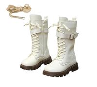 Girls Lace Up Boots, White Boots for Girls, Kids Mid Calf Leather Combat Riding Boot Side Zipper Punk Goth Lug Sole Ankle Booties for Toddler Lightweight Non Slip School Shoes