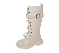 Girls Lace Up Combat Boots Knee High Boot Side Zipper Waterproof Shoes Fall Winter Kids K-Pop Style Goth Boot Fashion Punk Non Slip Cowgirl Solid Color Footwear School white kids boots Beige 2.5