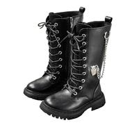 Girls Lace Up Riding Boots Mid Calf Boots PU Leather Shoes Punk Goth Boot
