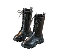Girls Lace Up Riding Boots Mid Calf Combat Boots PU Leather Waterproof Fall Winter Side Zipper Punk Goth Boot Fashion Punk Non Slip Cowgirl Fleece Lined Solid Color 4-11 Years Black