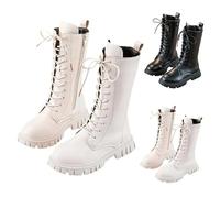 Girls Lace Up Riding Boots Mid Calf Combat Boots PU Leather Waterproof Side Zipper Punk Goth Boot Fall Winter Fashion Punk Non Slip Cowgirl Fleece Lined Solid Color 4-11 Years A-White 11.5