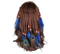 Girls Lady Bohemian PeacockFeather Headband Hippie Headpiece Handmade Indian Tassel Fascinator Feather Headband Princess Headdress Hair Accessories Carnival Costumes for Women and (Blue, One Size)