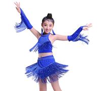 Girls Latin Dance Costume Performance Outfit Fringe Dress Set Stage Show Party Wear Summer 2 15 Years (Dark Blue, 10-11 Years)