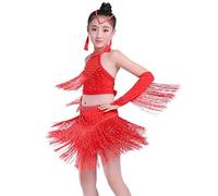 Girls Latin Dance Costume Performance Outfit Fringe Dress Set Stage Show Party Wear Summer 2 15 Years (Red, 10-11 Years)